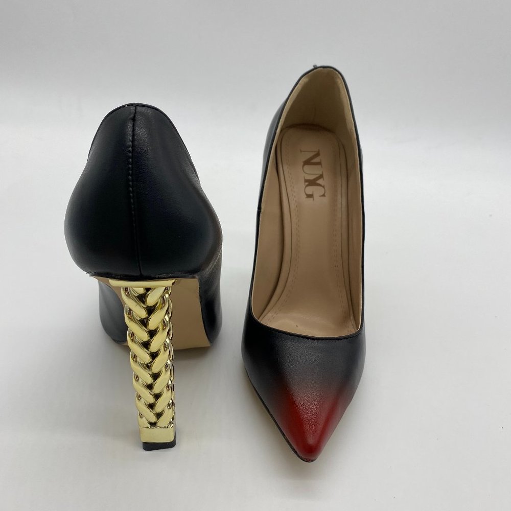 A NUYG Gold Metal Chain Chunky Heel Pointed Toe Pump